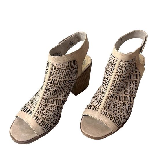 Vince Camuto Heeled Wrap Sandals Womens Sz 9.5 M Tan Leather Open Toe Sling Back - Picture 1 of 11